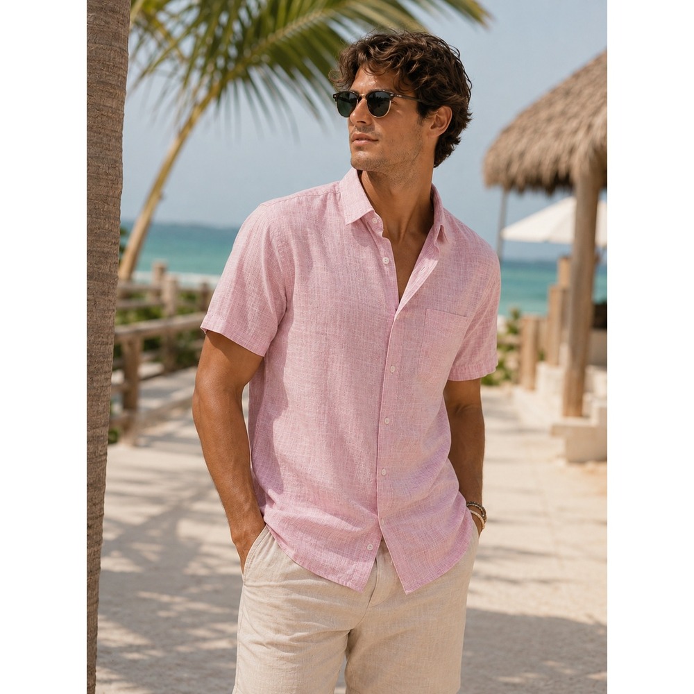 Falls Creek Short Sleeve Modern Fit Button Up Size Medium Pink